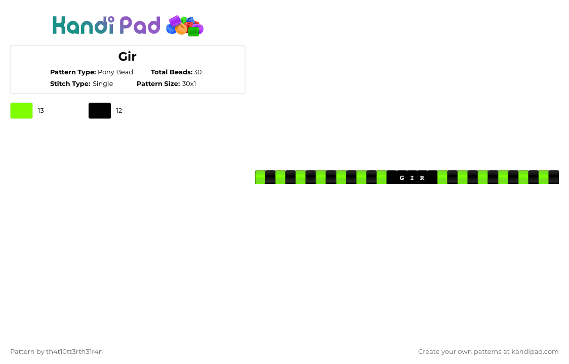 Gir - Pony Bead Pattern by th4t10tt3rth31r4n on Kandi Pad - green,black