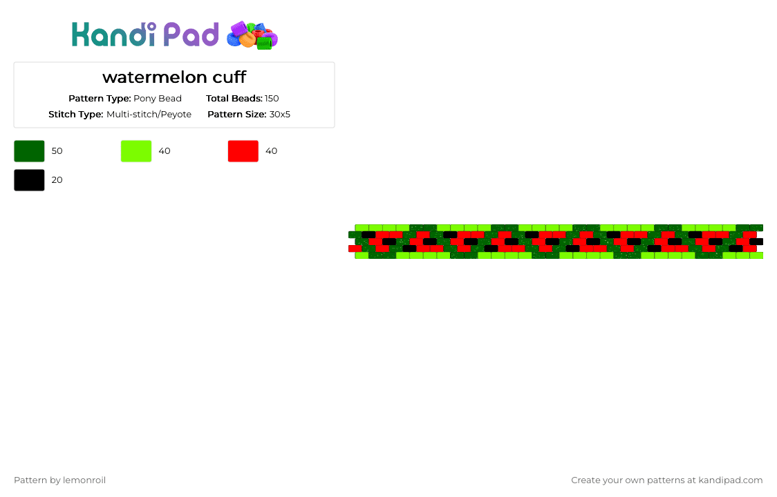 watermelon cuff - Pony Bead Pattern by lemonroil on Kandi Pad - green,red,watermelon,fruit,cuff,peyote,food