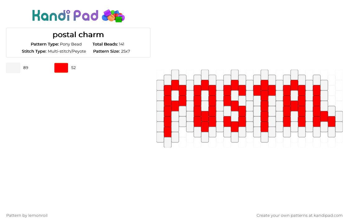 postal charm - Pony Bead Pattern by lemonroil on Kandi Pad - charm, keychain, postal, red, video game, white