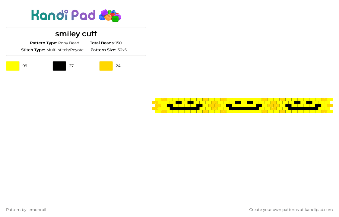 smiley cuff - Pony Bead Pattern by lemonroil on Kandi Pad - black, cuff, pattern, peyote, smile, sparkly, yellow