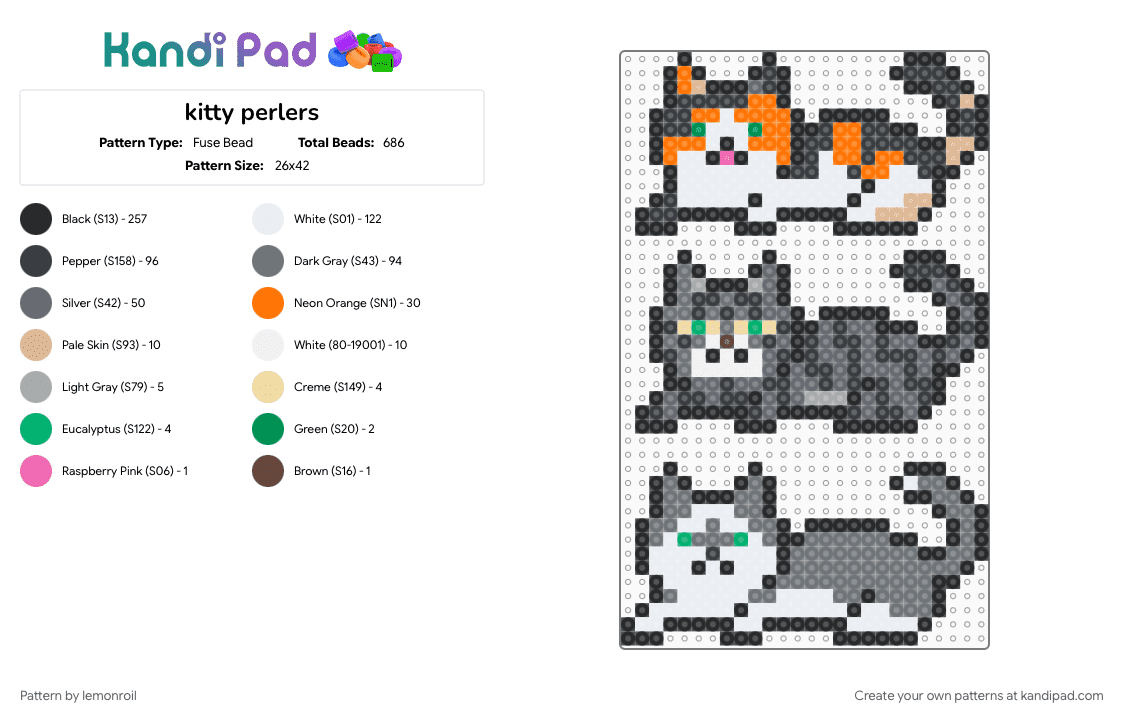 kitty perlers - Fuse Bead Pattern by lemonroil on Kandi Pad - animal, black, cat, charm, cute, gray, kitty, white