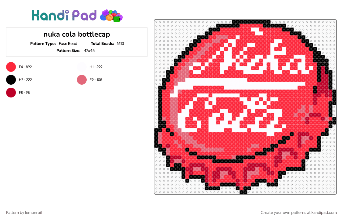nuka cola bottlecap - Fuse Bead Pattern by lemonroil on Kandi Pad - bottle, cola, drink, fallout, nuka, red, shiny, video game