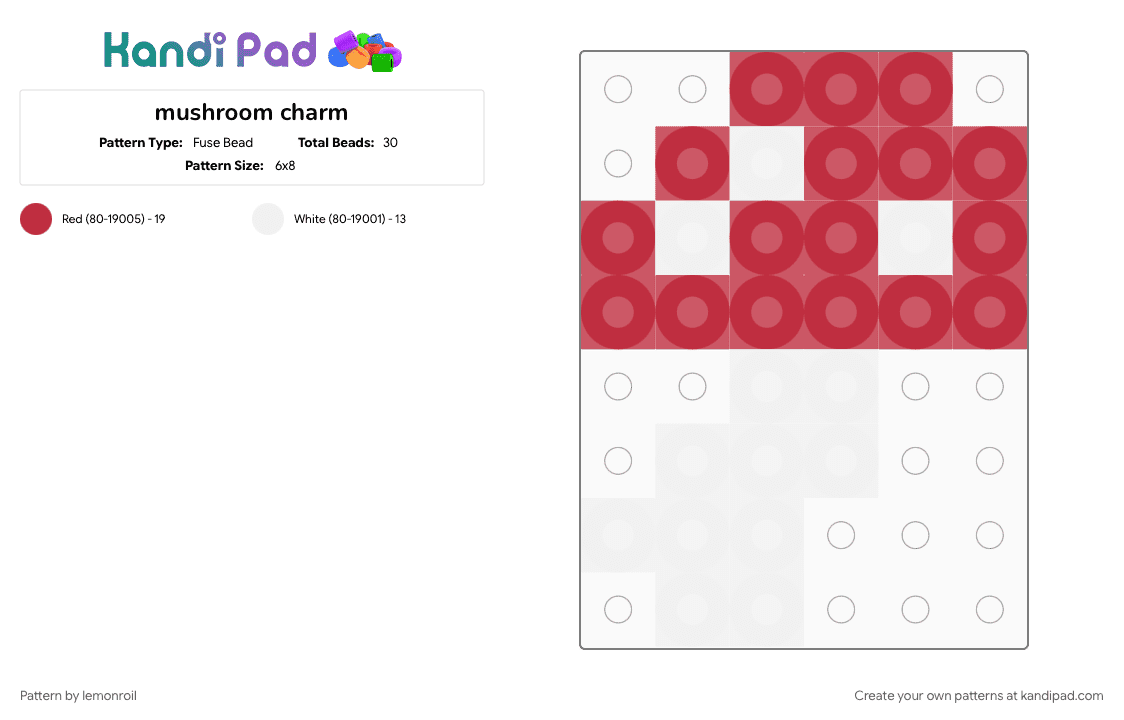 mushroom charm - Fuse Bead Pattern by lemonroil on Kandi Pad - charm, fungi, mushroom, plant, red, white