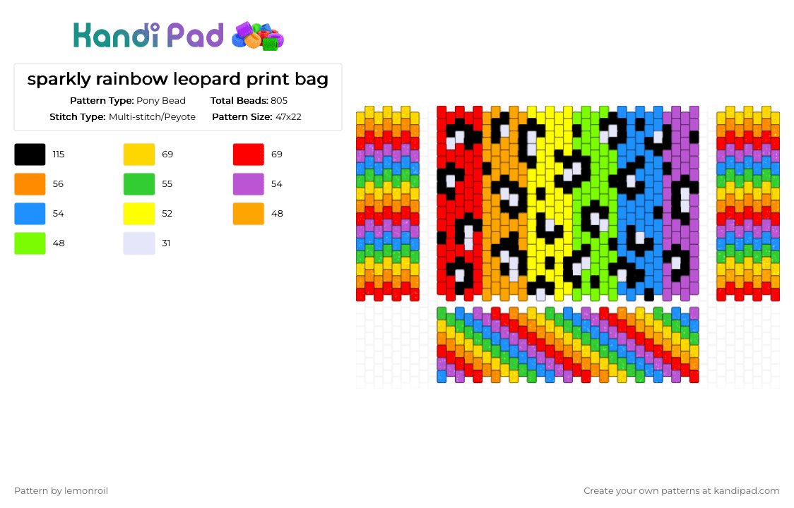 sparkly rainbow leopard print bag - Pony Bead Pattern by lemonroil on Kandi Pad - red,green,colorful,rainbow,sparkly,bag,leopard,print,panel