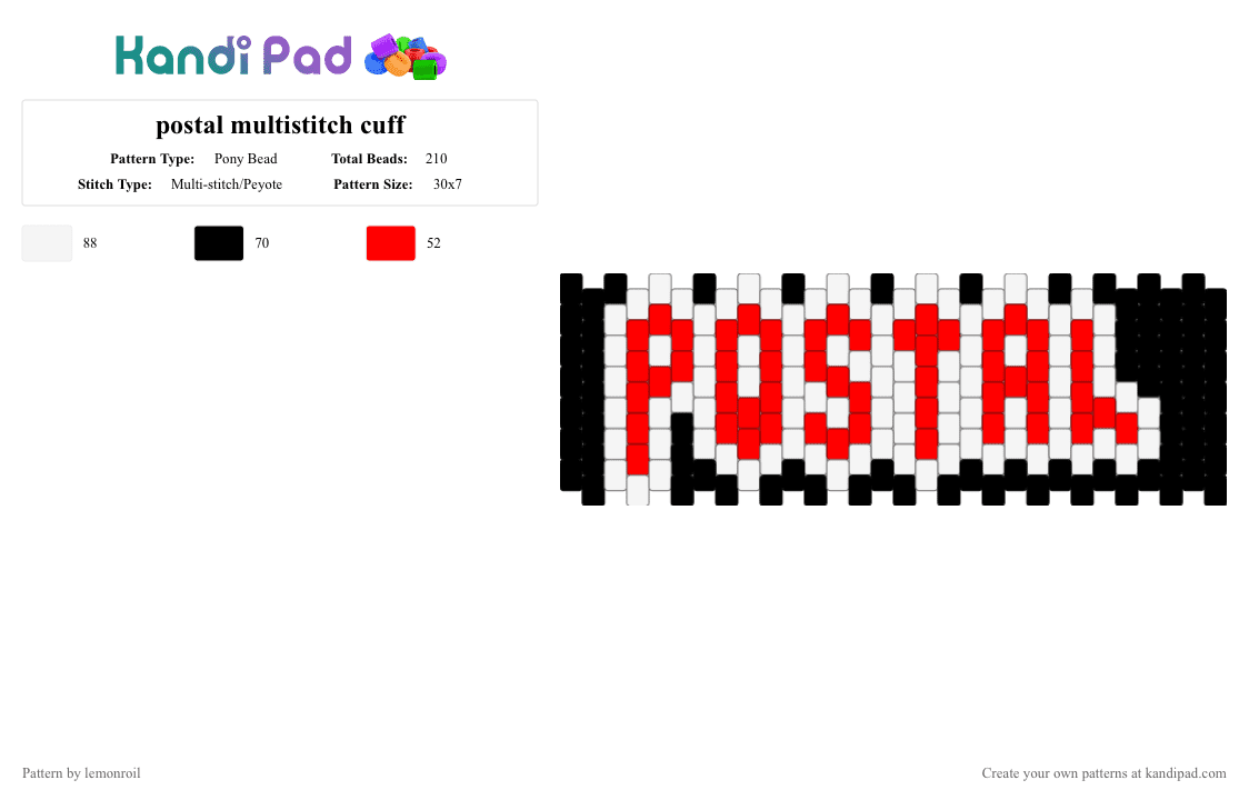 postal multistitch cuff - Pony Bead Pattern by lemonroil on Kandi Pad - cuff, multi stitch, postal, red, video game, white