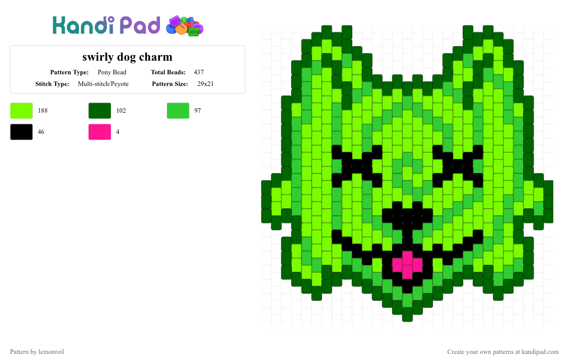 swirly dog charm - Pony Bead Pattern by lemonroil on Kandi Pad - green,dog,alien,swirl,charm