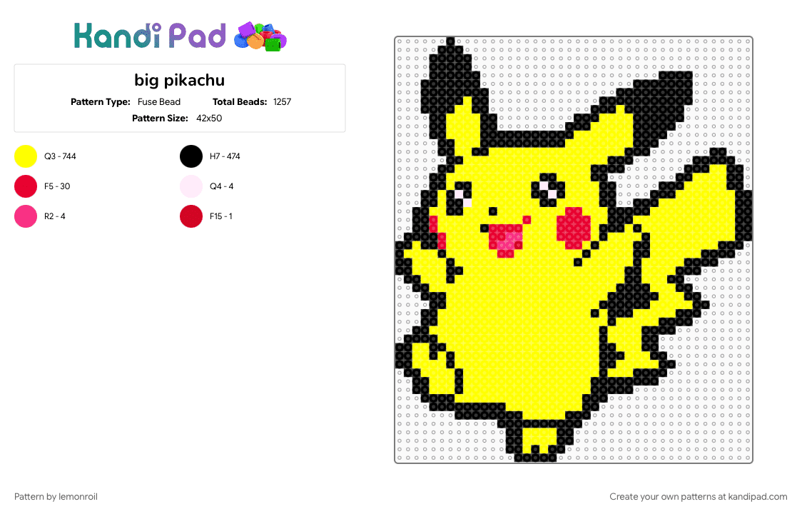 big pikachu - Fuse Bead Pattern by lemonroil on Kandi Pad - animal, character, lightning, pikachu, pokemon, tail, tv show, video game, yellow