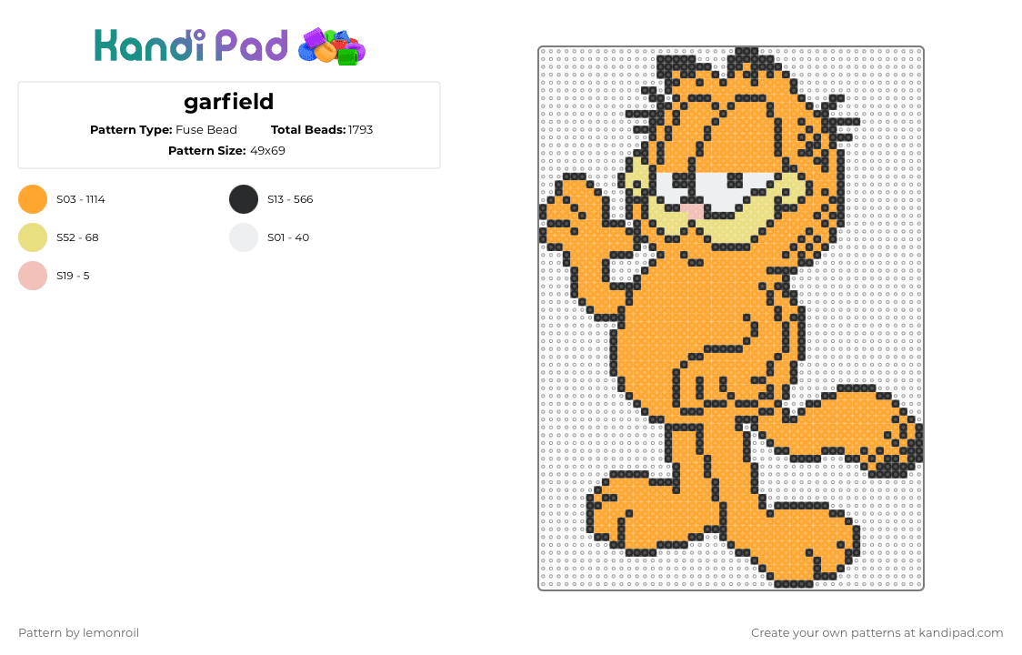 garfield - Fuse Bead Pattern by lemonroil on Kandi Pad - orange,perler,garfield,advanced,comic,character,cat