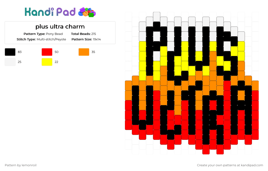 plus ultra charm - Pony Bead Pattern by lemonroil on Kandi Pad - charm, fire, mha, my hero academia, orange, phrase, plus ultra, red