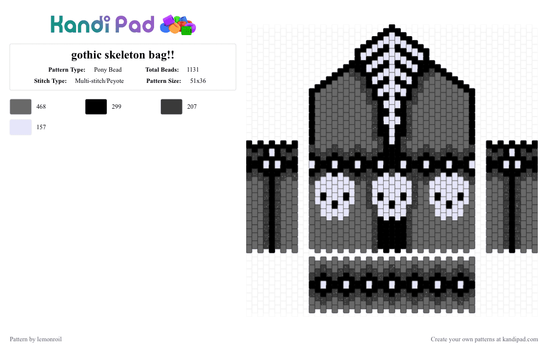 gothic skeleton bag!! - Pony Bead Pattern by lemonroil on Kandi Pad - gray,goth,gothic,skull,skeleton,bones,spine,bag,panel