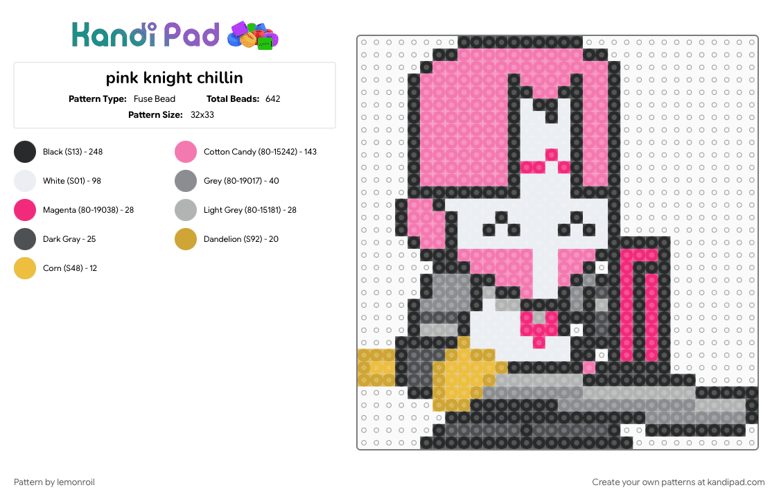 pink knight chillin - Fuse Bead Pattern by lemonroil on Kandi Pad - castle crashers, character, gray, knight, newgrounds, pink, sword, video game