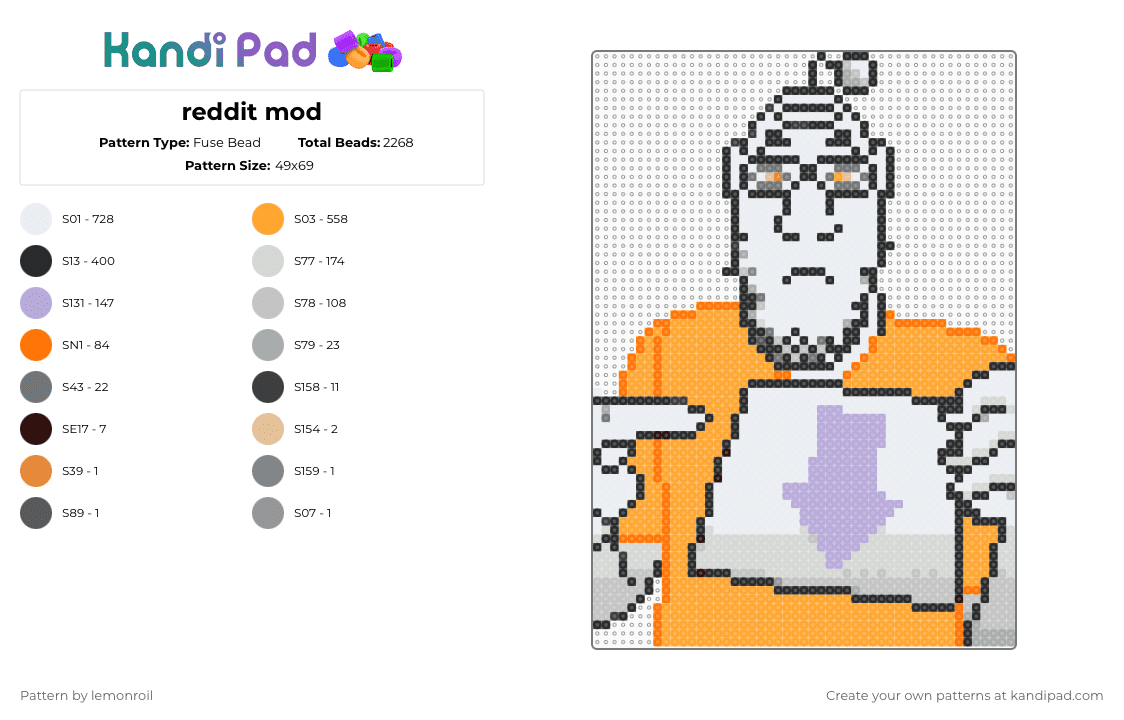 reddit mod - Fuse Bead Pattern by lemonroil on Kandi Pad - white,orange,reddit,snoo,character