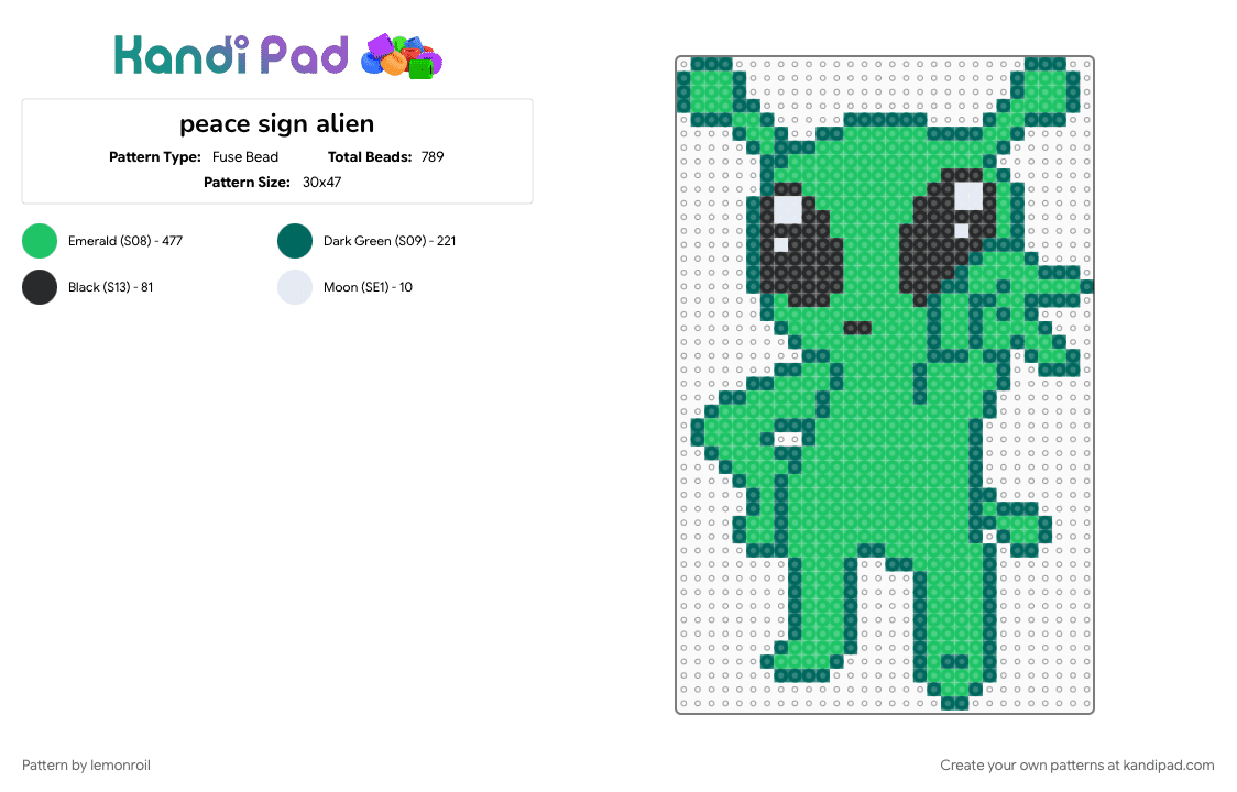 peace sign alien - Fuse Bead Pattern by lemonroil on Kandi Pad - alien, character, green, peace, rave, sign, space, teal