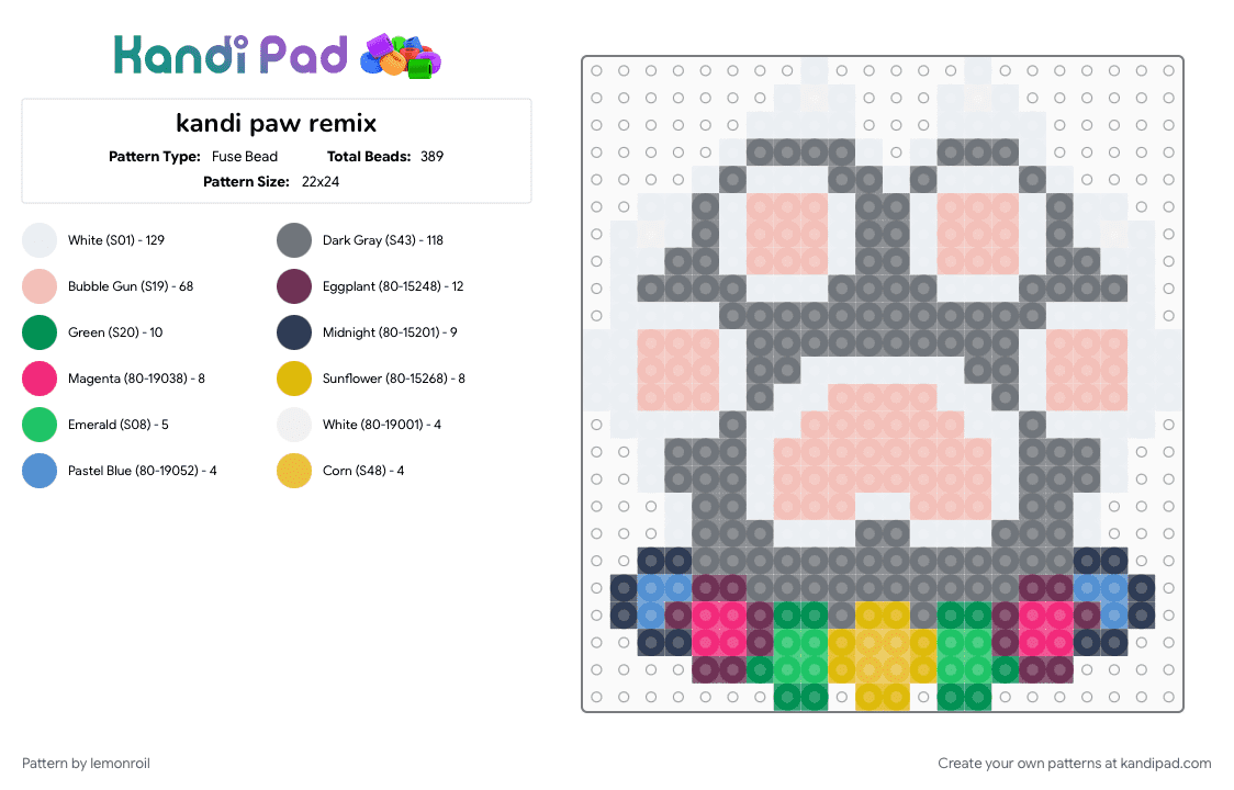 kandi paw remix - Fuse Bead Pattern by lemonroil on Kandi Pad - animal, beige, bracelet, cat, cute, furry, gray, kandi, paw