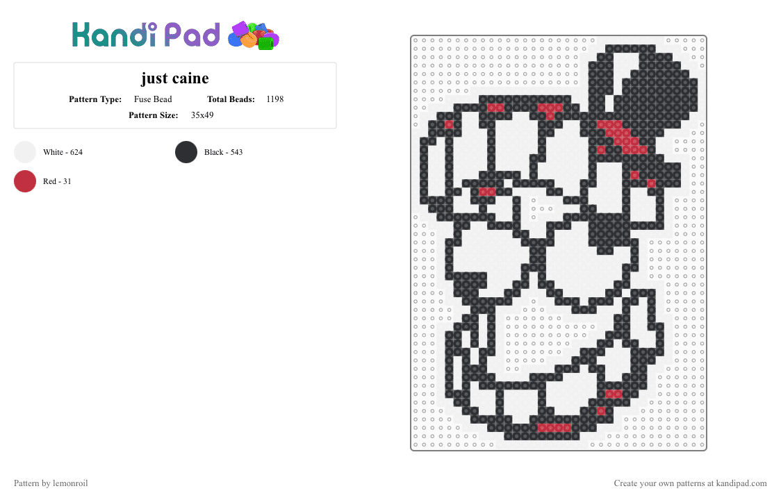 just caine - Fuse Bead Pattern by lemonroil on Kandi Pad - white,caine,tadc,the amazing digital circus,red,character,carnival