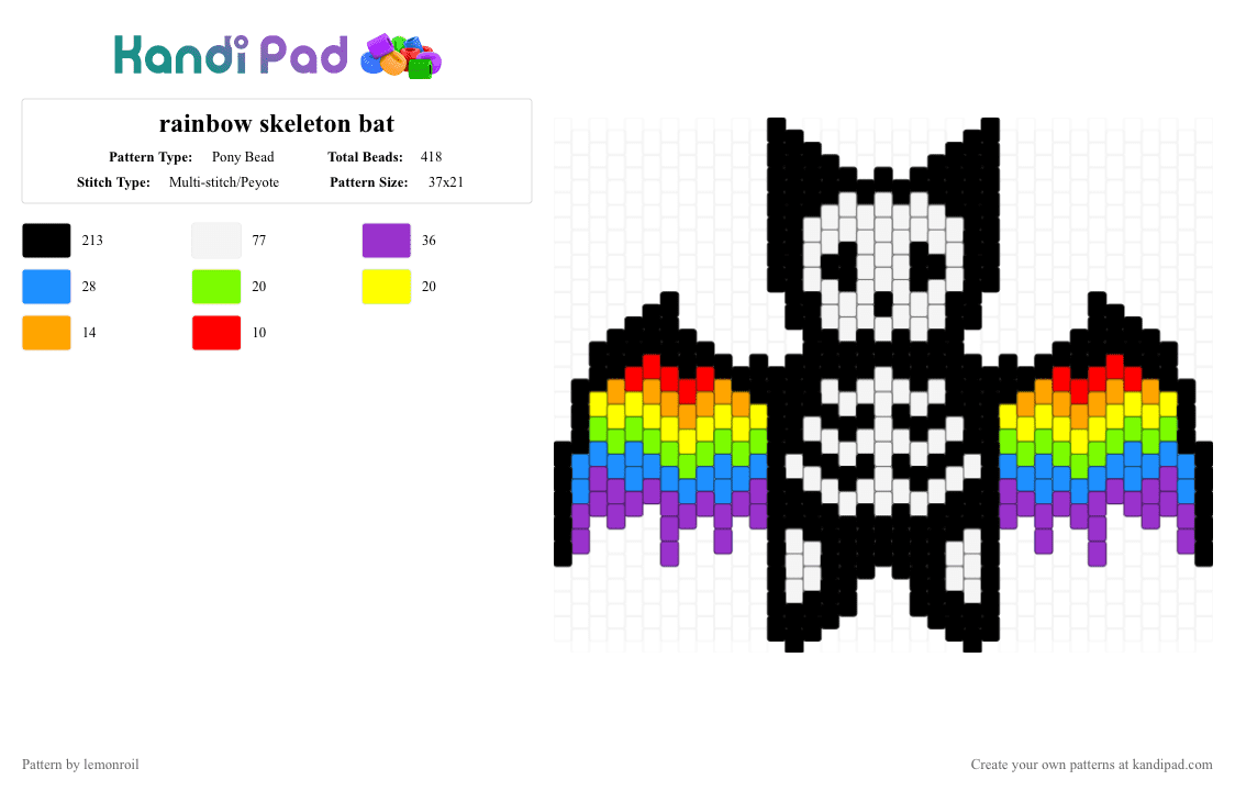 rainbow skeleton bat - Pony Bead Pattern by lemonroil on Kandi Pad - black,purple,green,colorful,bat,rainbow,skeleton,xray,charm,cat
