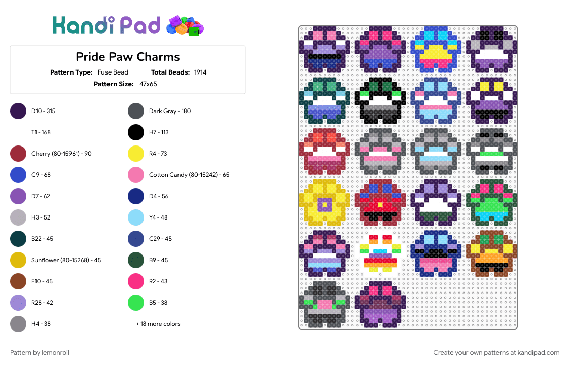 Pride Paw Charms - Fuse Bead Pattern by lemonroil on Kandi Pad - blue, charm, colorful, flag, furry, gray, lgbtq, paw, pink, pride, purple