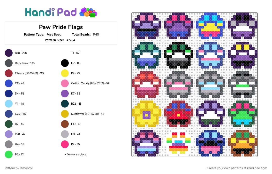 Pride Paw Charms - Fuse Bead Pattern by lemonroil on Kandi Pad - blue, charm, colorful, flag, furry, gray, lgbtq, paw, pink, pride, purple