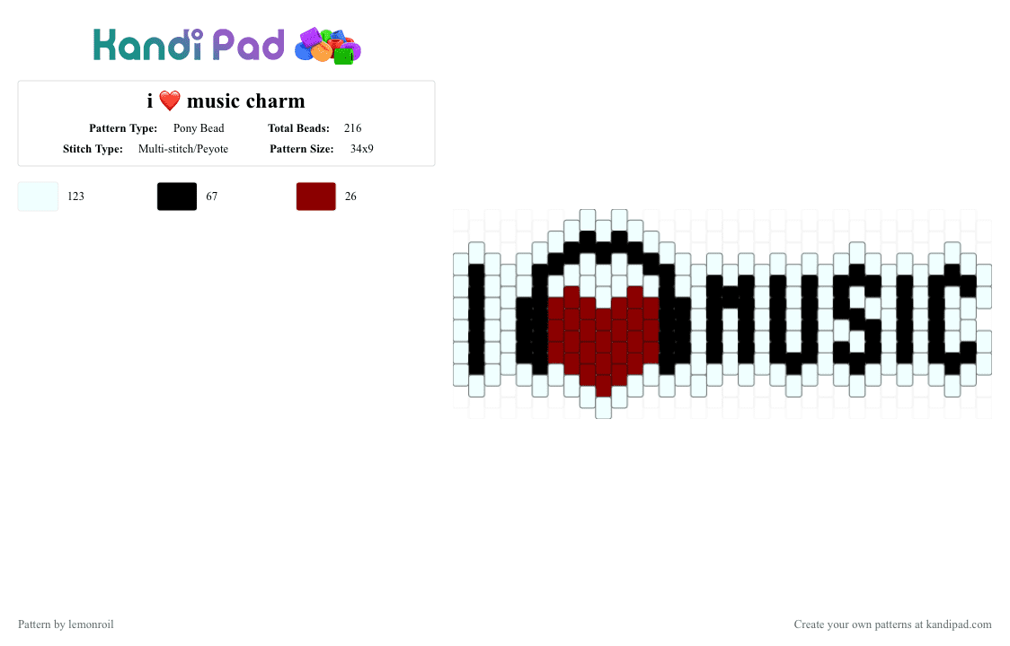 i ❤️ music charm - Pony Bead Pattern by lemonroil on Kandi Pad - black, charm, music, red, white