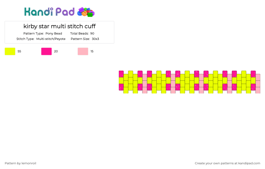 kirby star multi stitch cuff - Pony Bead Pattern by lemonroil on Kandi Pad - yellow,pink,kirby,stars,multi stitch,cuff