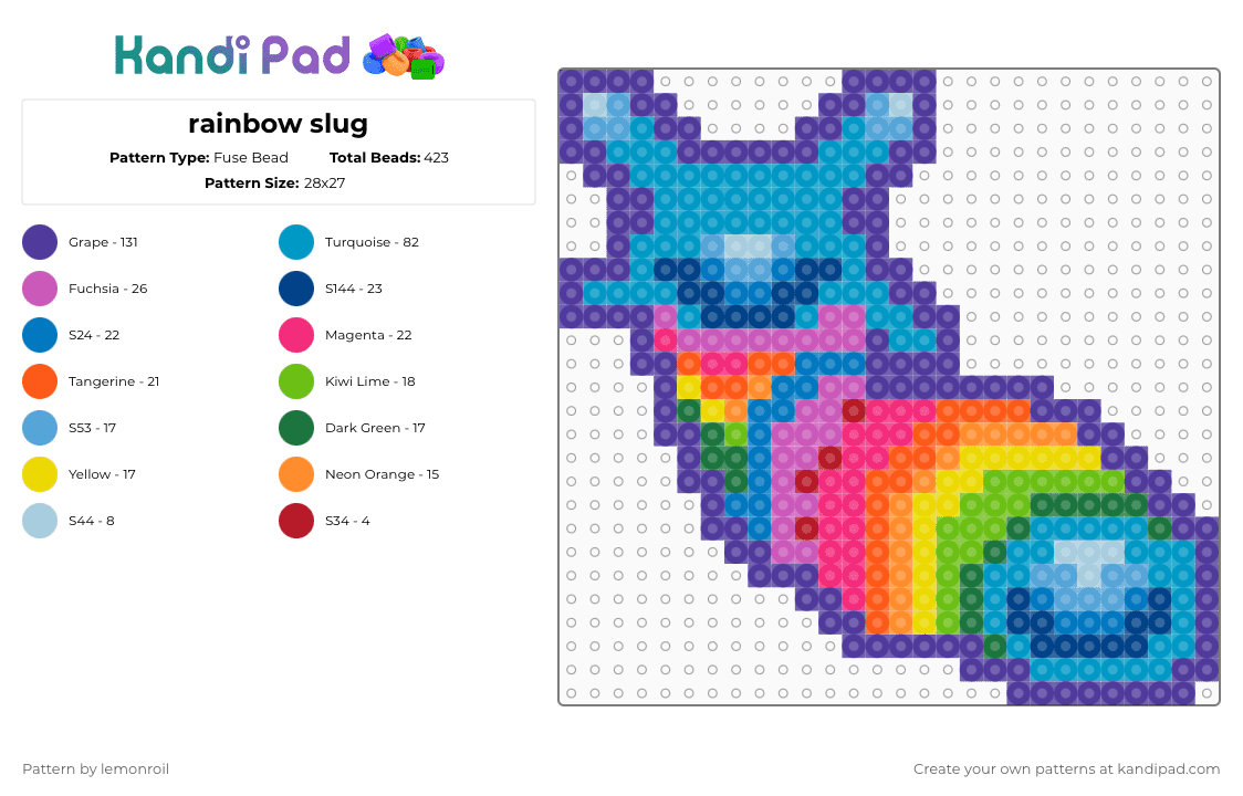 rainbow slug - Fuse Bead Pattern by lemonroil on Kandi Pad - animal, cotdoutlines, light blue, pattern, pink, purple, rainbow, slug, snail
