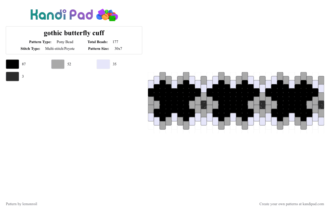 gothic butterfly cuff - Pony Bead Pattern by lemonroil on Kandi Pad - beige, black, butterfly, cuff, goth, gothic, gray, white