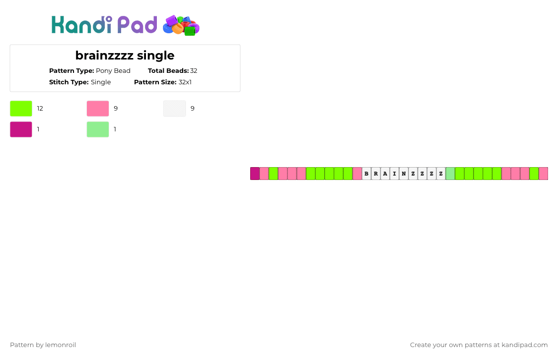 brainzzzz single - Pony Bead Pattern by lemonroil on Kandi Pad - pink,green,zombie,single,scene,stars