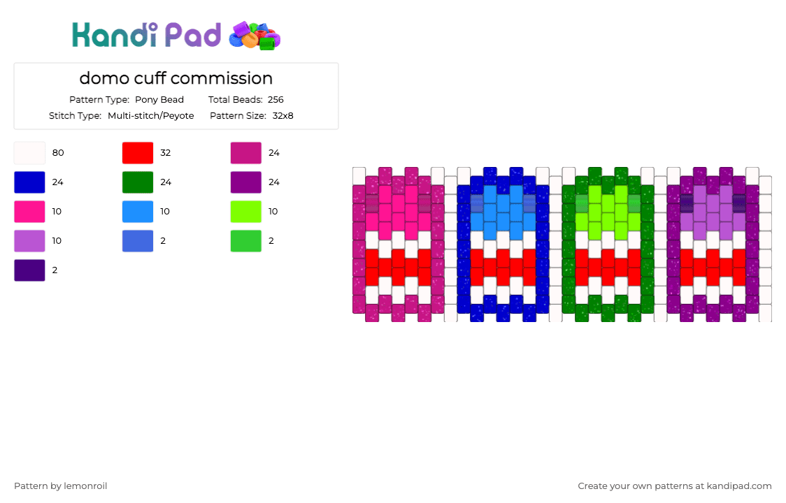 domo cuff commission - Pony Bead Pattern by lemonroil on Kandi Pad - red,pink,green,domo,cuff,colorful