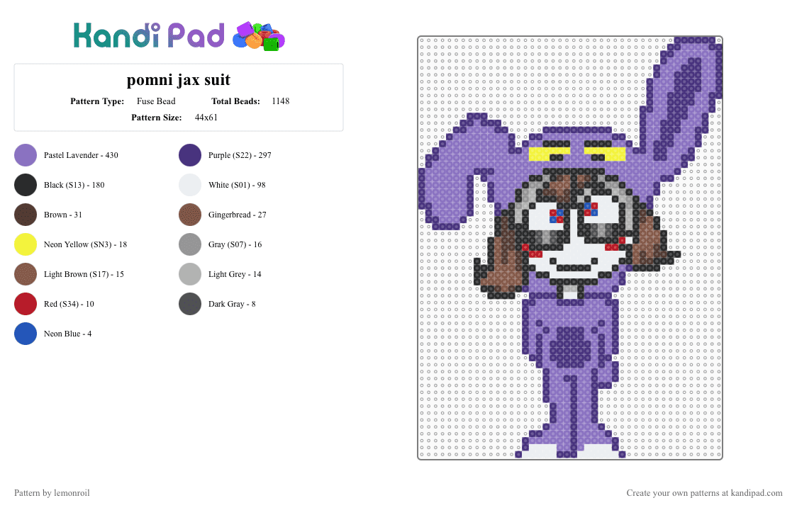 pomni jax suit - Fuse Bead Pattern by lemonroil on Kandi Pad - blue,purple,pomni,jax,tadc,amazing digital circus,character,circus,red