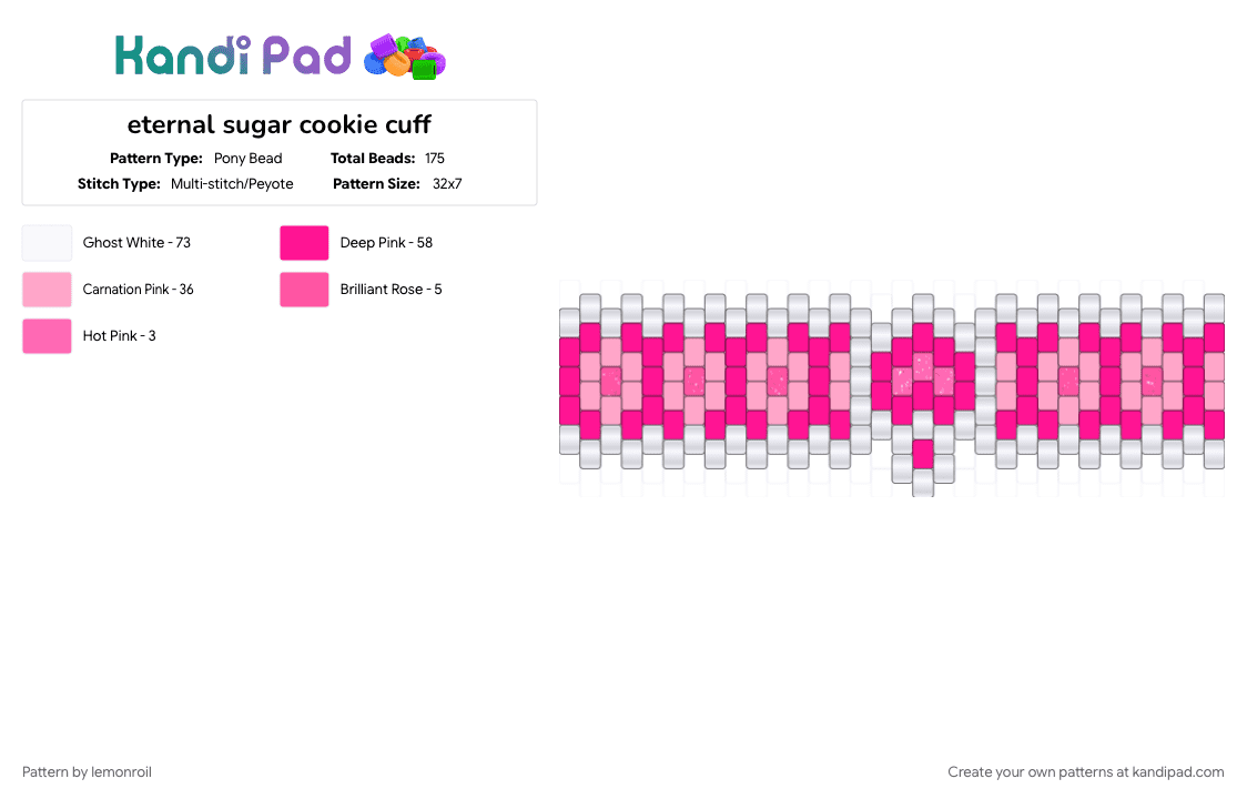 eternal sugar cookie cuff - Pony Bead Pattern by lemonroil on Kandi Pad - character, cookie, cookie run, crk, gem, pink, video game, white