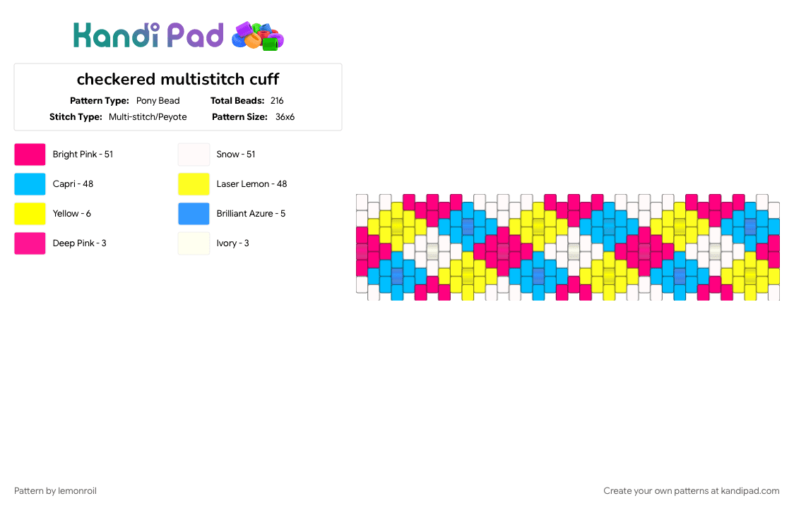 checkered multistitch cuff - Pony Bead Pattern by lemonroil on Kandi Pad - checkered, colorful, cuff, light blue, multistitch, pansexual, pink, pride, yellow