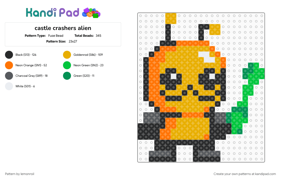castle crashers alien - Fuse Bead Pattern by lemonroil on Kandi Pad - alien, alien hominid, castle crashers, character, newgrounds, orange, space, video game