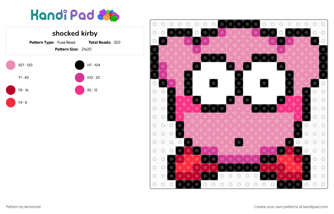 shocked kirby - Fuse Bead Pattern by lemonroil on Kandi Pad - character, gaming, kirby, nintendo, pink, shocked
