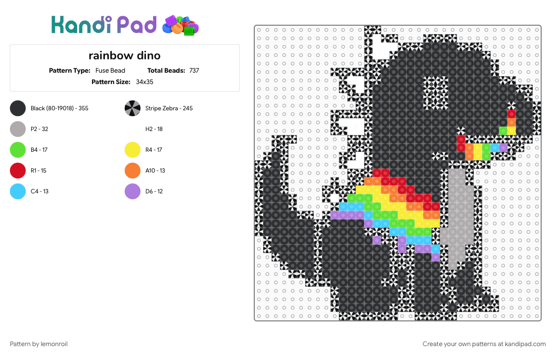 rainbow dino - Fuse Bead Pattern by lemonroil on Kandi Pad - animal, beige, black, dinosaur, green, pride, rainbow, stripes, trippy, yellow