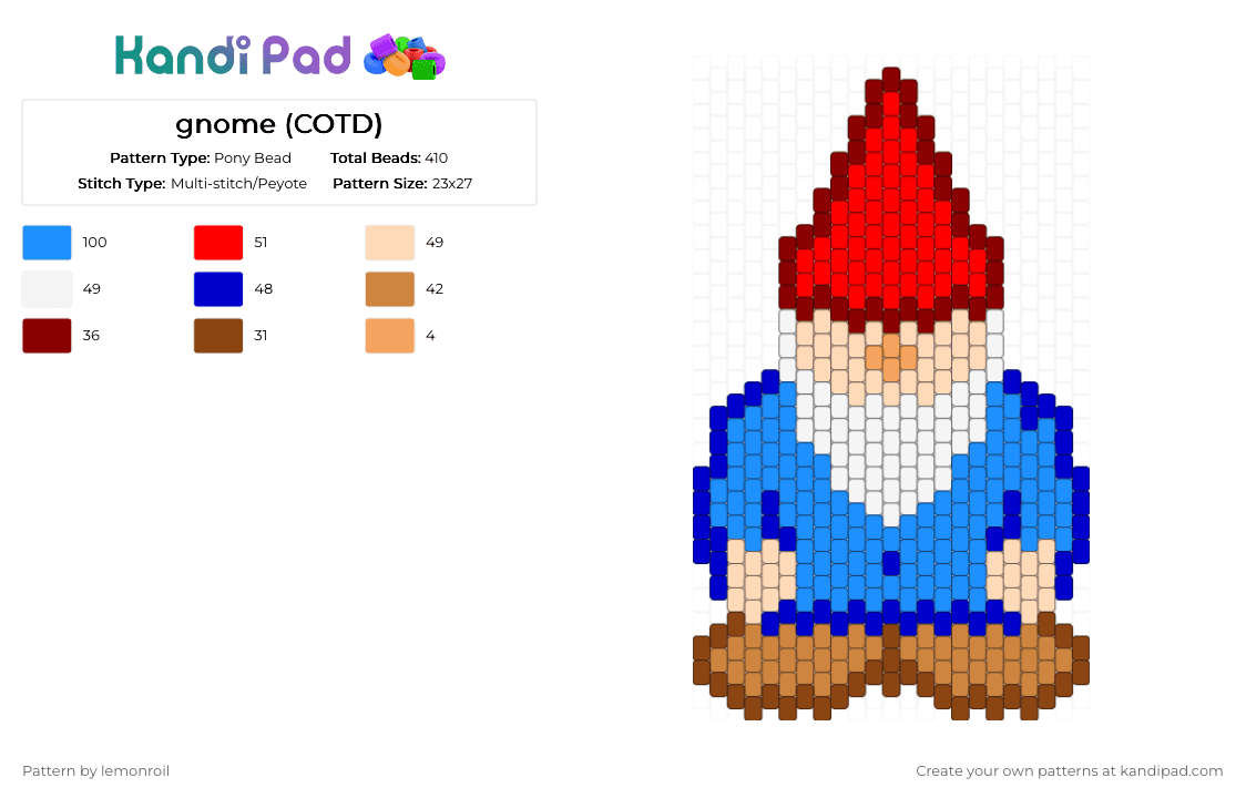 gnome (COTD) - Pony Bead Pattern by lemonroil on Kandi Pad - red,light blue,gnome,cotdgnomes