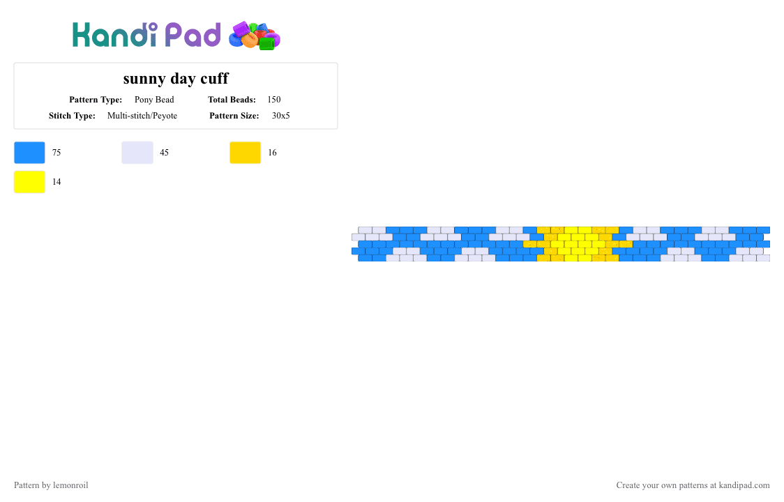 sunny day cuff - Pony Bead Pattern by lemonroil on Kandi Pad - light blue,yellow,sun,clouds,blue,white,peyote,cuff,sparkly