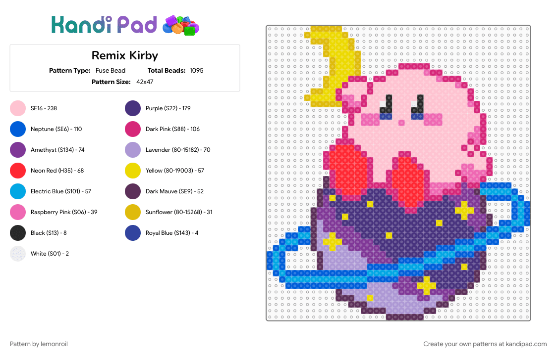 Remix Kirby - Fuse Bead Pattern by lemonroil on Kandi Pad - pink, purple