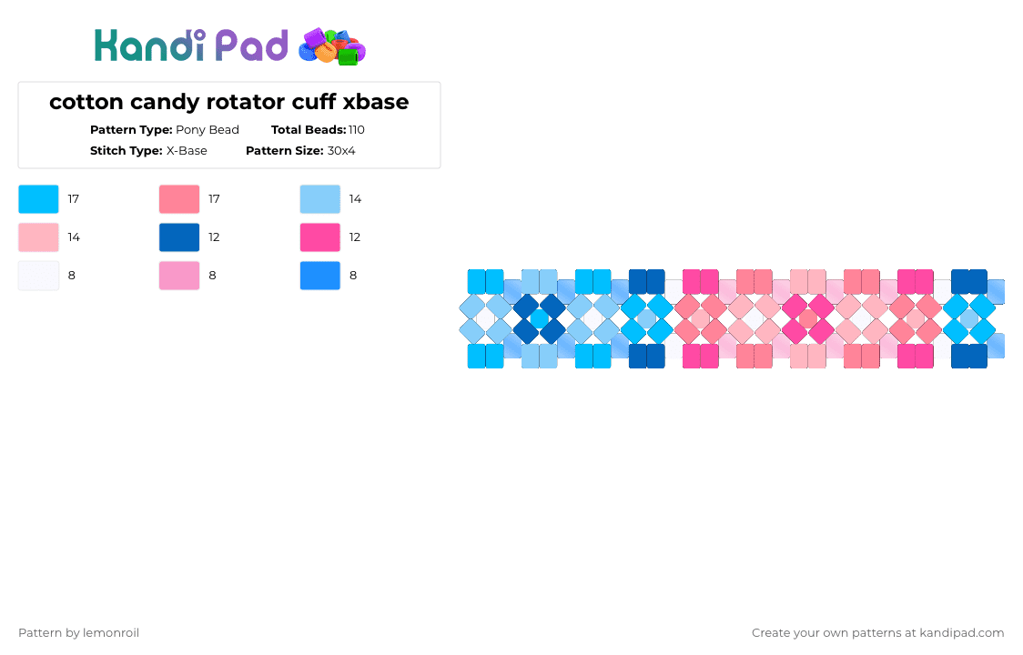 cotton candy rotator cuff xbase - Pony Bead Pattern by lemonroil on Kandi Pad - light blue,pink,gradient,cotton candy,blue,cuff,xbase