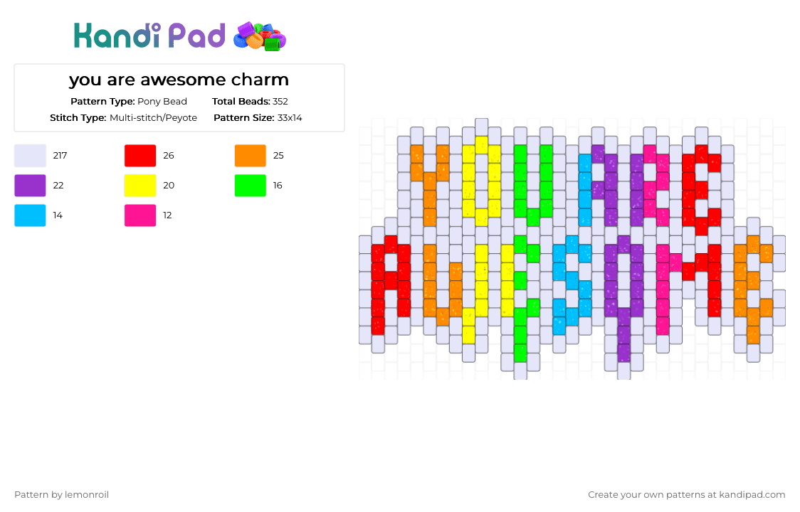 you are awesome charm - Pony Bead Pattern by lemonroil on Kandi Pad - white,yellow,red,colorful,sparkly,plur,motivational,rainbow,charm,phrase,drip,melting