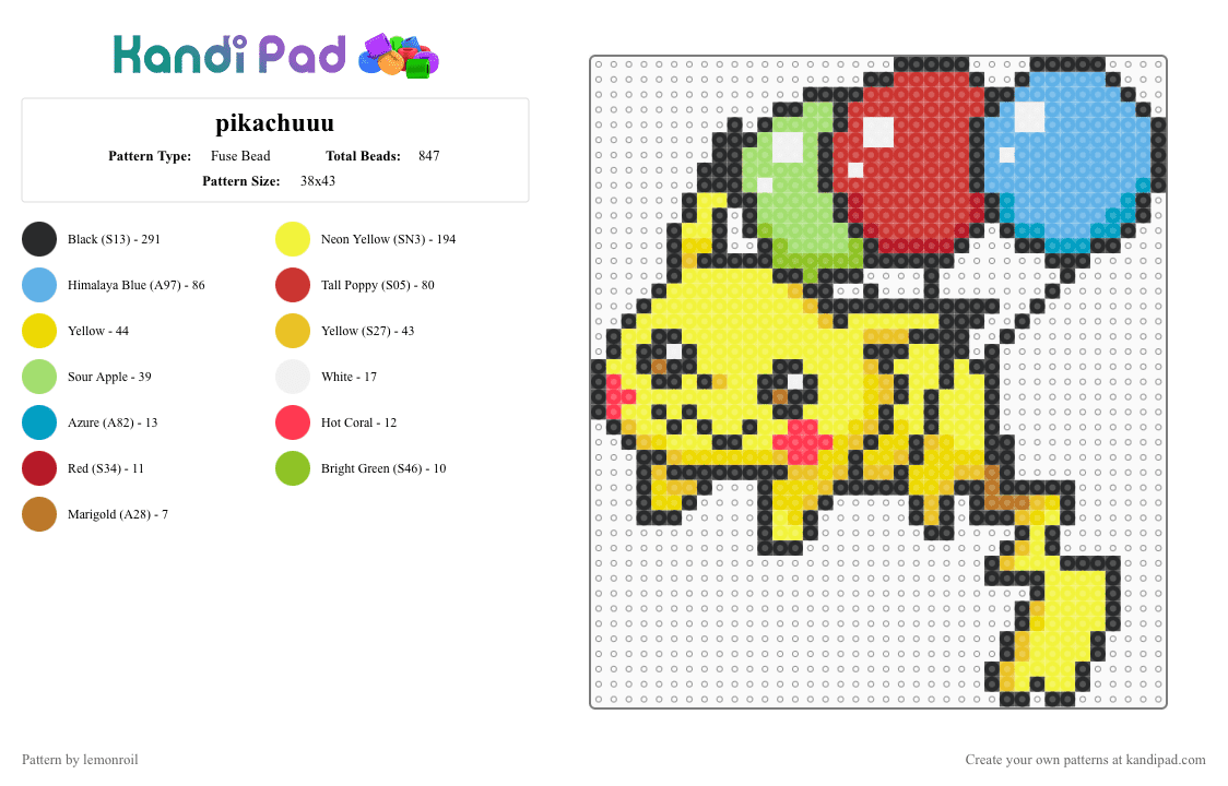 pikachuuu - Fuse Bead Pattern by lemonroil on Kandi Pad - red,yellow,pikachu,character,pokemon