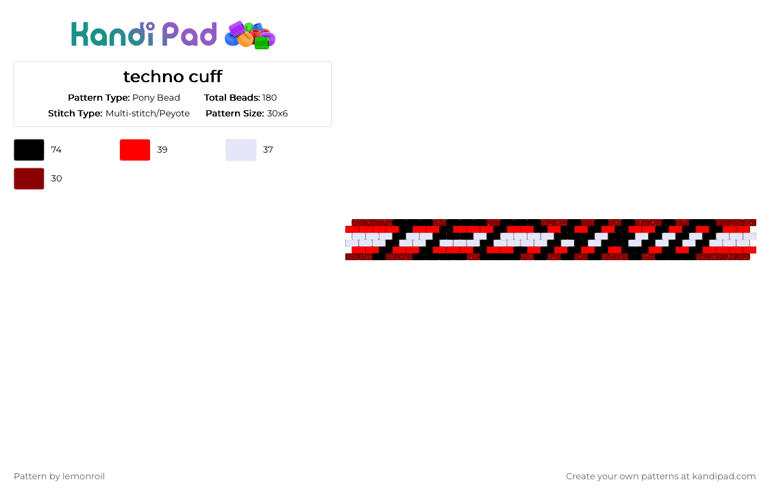 techno cuff - Pony Bead Pattern by lemonroil on Kandi Pad - white,red,techno,phrase,peyote,black,disco,party
