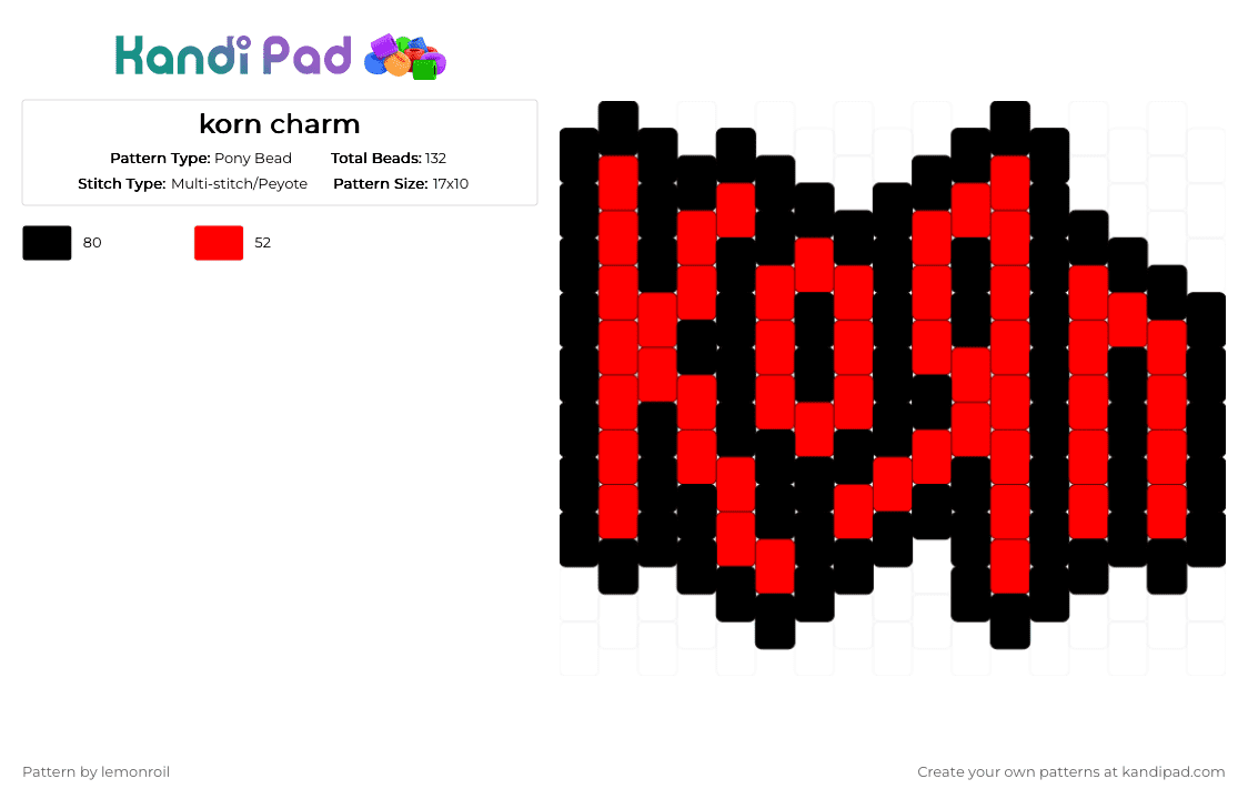 korn charm - Pony Bead Pattern by lemonroil on Kandi Pad - band, black, charm, korn, music, phrase, red