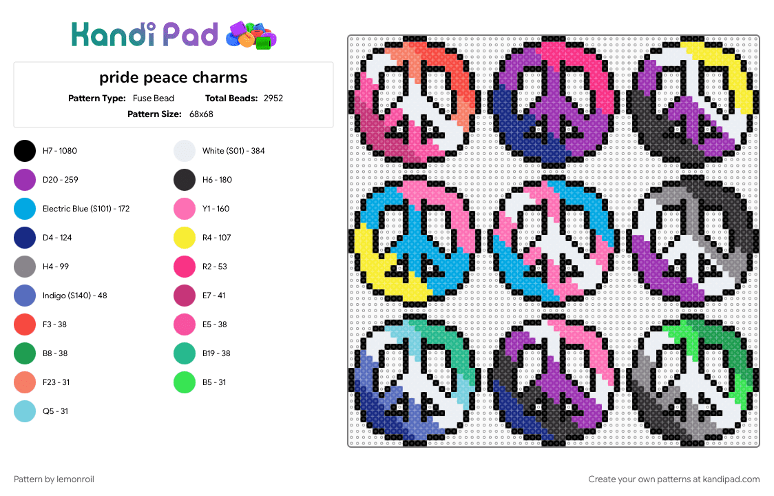 pride peace charms - Fuse Bead Pattern by lemonroil on Kandi Pad - black, charm, colorful, flag, light blue, love, peace, pink, plur, pride, purple, symbol
