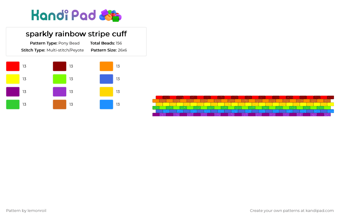 sparkly rainbow stripe cuff - Pony Bead Pattern by lemonroil on Kandi Pad - red,orange,yellow,green,peyote stitch,cuff,rainbow,colorful,stripes,sparkly,pride