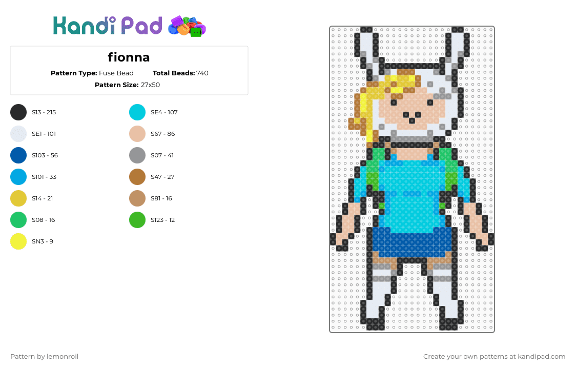 fionna - Fuse Bead Pattern by lemonroil on Kandi Pad - beige,light blue,blue,fionna and cake,character,cartoon,fionna,adventure time,finn