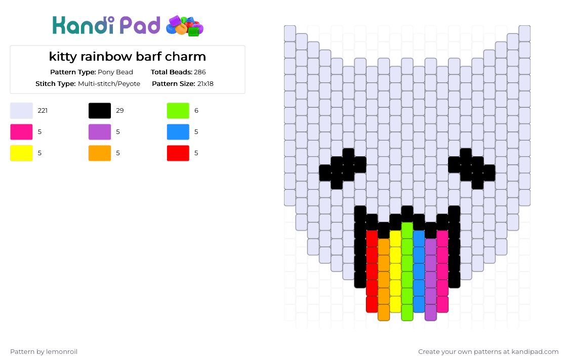 kitty rainbow barf charm - Pony Bead Pattern by lemonroil on Kandi Pad - white,pink,green,cat,barf,rainbow,charm,black