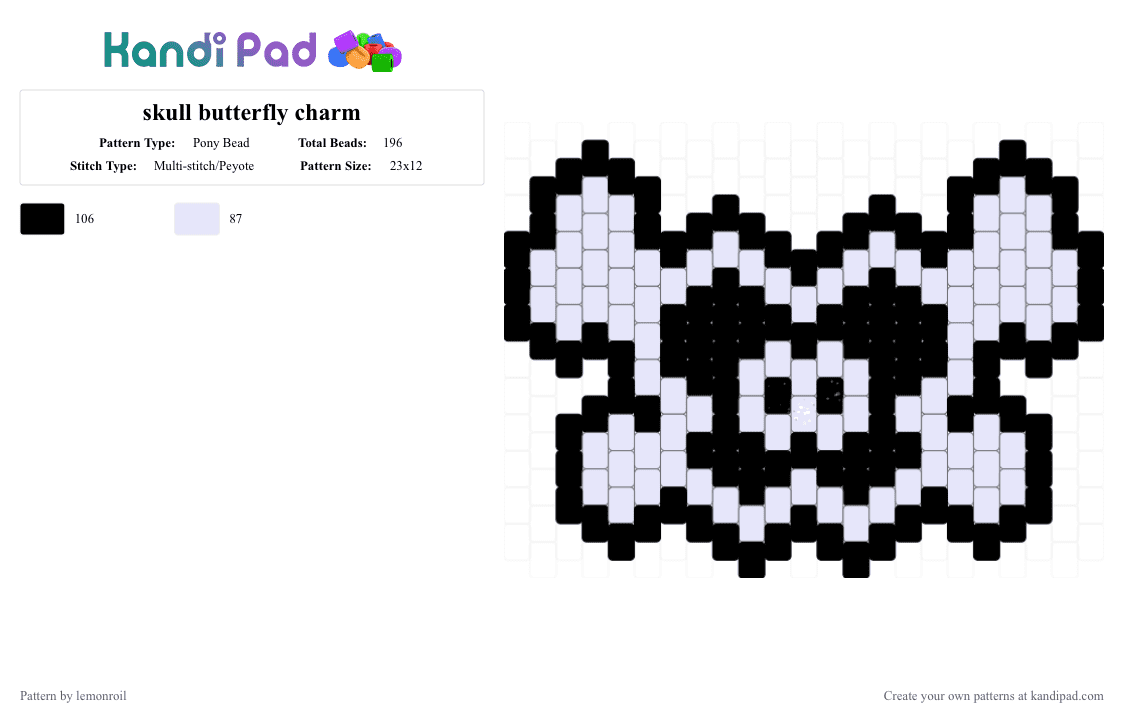 skull butterfly charm - Pony Bead Pattern by lemonroil on Kandi Pad - black, bones, butterfly, charm, skull, white