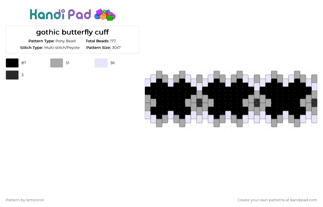 gothic butterfly cuff - Pony Bead Pattern by lemonroil on Kandi Pad - white,beige,butterfly,gothic,goth,cuff,black,gray