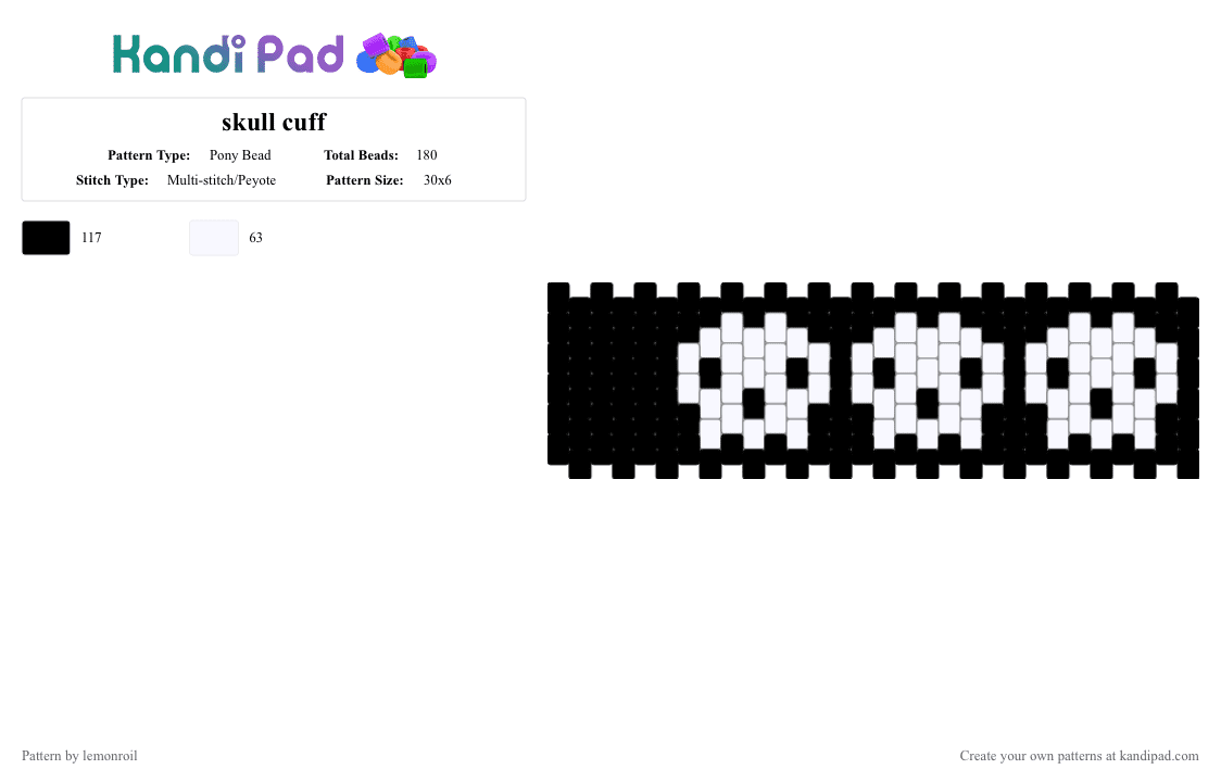 skull cuff - Pony Bead Pattern by lemonroil on Kandi Pad - black, cuff, multi stitch, skull, white