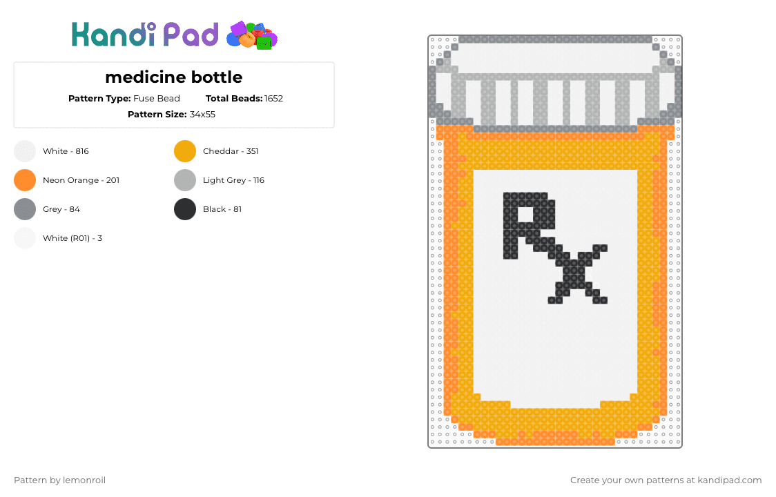 medicine bottle - Fuse Bead Pattern by lemonroil on Kandi Pad - white,orange,midicine,pills,rx,adderall,medicine bottle,object,perler